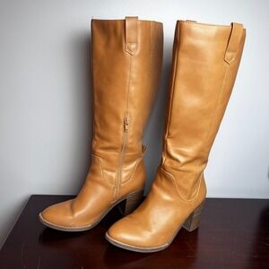 Women 8.5 Target Pullon Knee High Boots Camel Tan Almond Toe Stretch 3" Heel